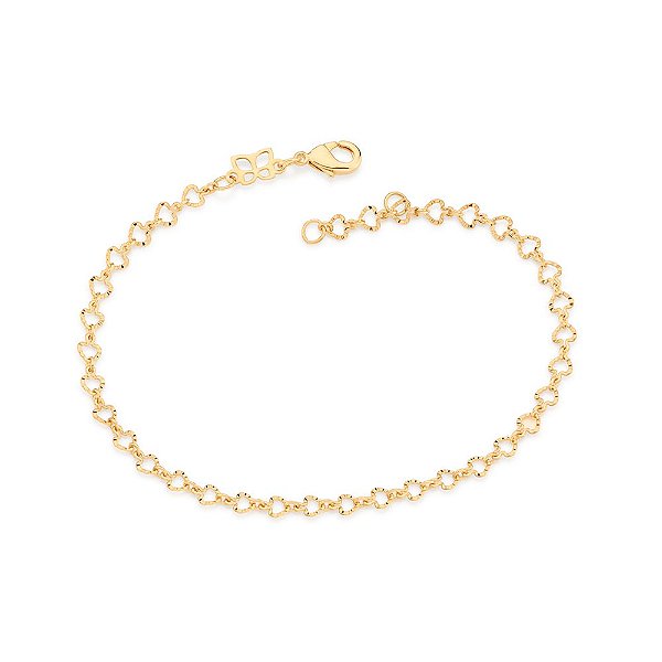 Pulseira Formada Por Corrente De Elos Formato Corações Diamantados,Med 19 Cm Ajustável 18 Cm