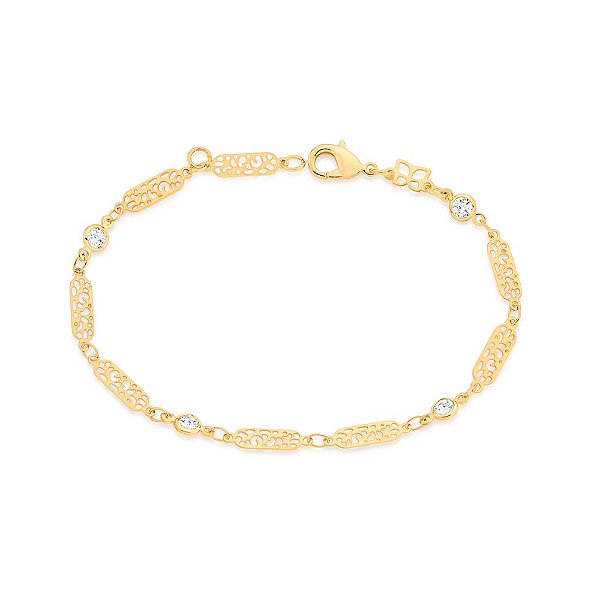 Pulseira Formada Por Elo Longo Batido Formato Oval Trabalhado Intercalada Por 4 Zircônias De 4,0 Mm,Med 20 Cm Ajustável