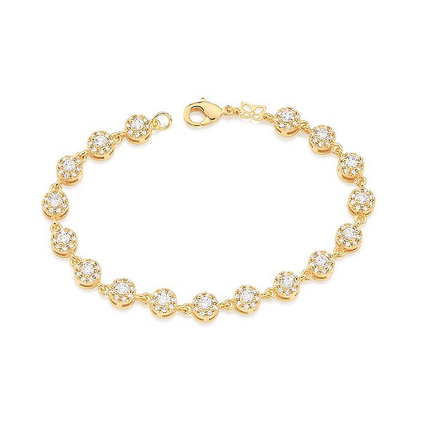Pulseira Composta Por 17 Círculos Cravejados Por 136 Zircônias De 1,25 Mm E 17 Zircônias De 3,0 Mm Aos Centros,Med 19 Cm