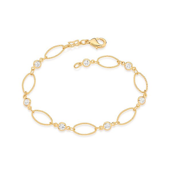 Pulseira Formada Por Corrente De Elos Ovais Diamantados Intercalados Por 7 Zircônias De 4,0 Mm, (A Quantidade De Zircôni