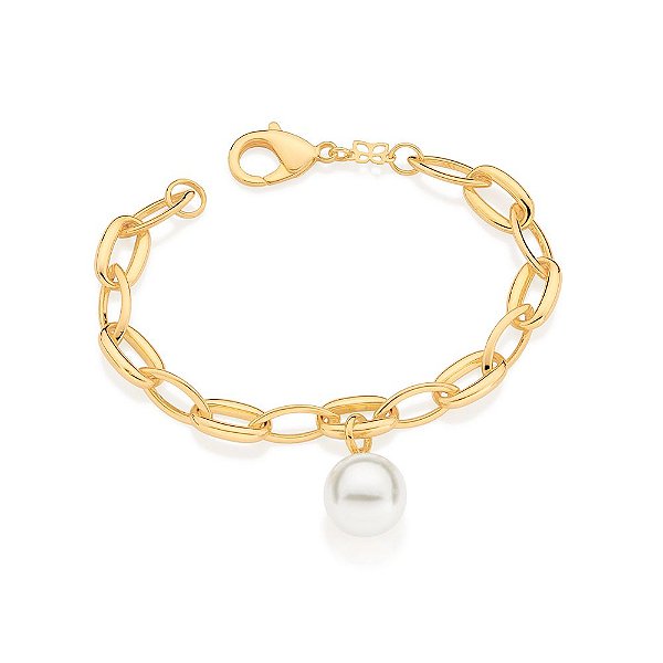 Pulseira Formada Por Corrente 1X1 Intercalada Por Elo Oval E Elo Navete, Composta Por 1 Pérola Sintética De 14 Mm Pendur