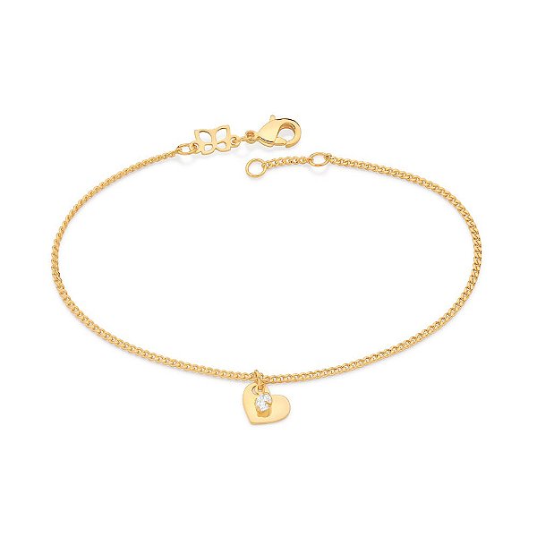 Pulseira Formada Por Corrente De Elo Groumet Lixada Fio 0,40 Mm, Composta Por Pingente Coração E 1 Zircônia De 3,0 Mm Pe