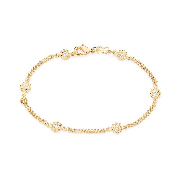Pulseira Formada Por Corrente Elo Duplo De Esferas Composto Por 6 Flores E 6 Zircônias De 2,75 Mm,Med, 20 Cm Ajustável Á