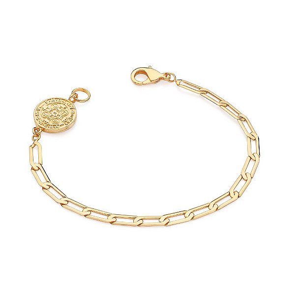 Pulseira Formada Por Corrente De Elo Laminado, Composto Por Medalha Cruz De São Bento,Med, 21 Cm,