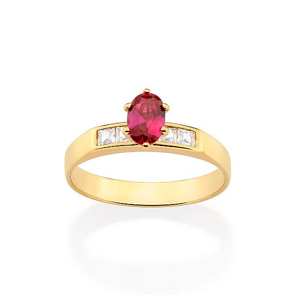 Anel Solitário Composto Por 4 Zircônias Carrê De 2X2 Mm E 1 Zircônia Oval De 4X6 Mm Ao Centro Rommanel