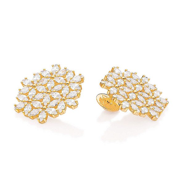 Brinco Botão Flor Da Vida Cravejado Por 6O Zircônias Navetes De 3 X6 Mm (Par)Med 3,1 Cm X 2,7 Cm (Joia Licenciada Coleçã