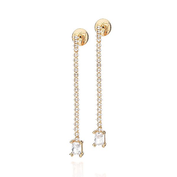 Brinco Cravejado Por 44 Zircônias Navete De 2X4Mm E 2 Zircônias Baguetes De 6X8Mm Penduradas (Par)Med 7,3 Cm X 0,8 Cm Ro