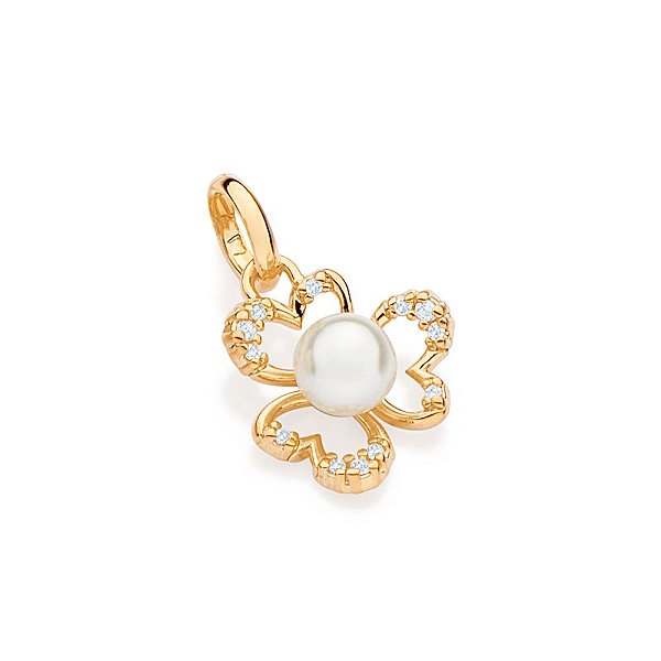 Pingente Formato Flor Com Pétalas Vazadas Cravejado Por 9 Zircônias De 1,00 Mm, 3 Zircônias De 1,25 Mm E 1 Pérola Sintét
