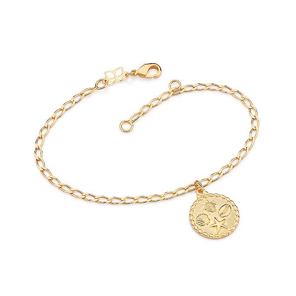 Pulseira Formada Por Corrente De Elo Oval Lixado 0,60Mm Com Pingente Redondo Composto Por Elementos Do Marmed 19 Cm Ajus