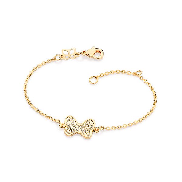Pulseira Formada Por Corrente De Elo Cadeado Laminado Fio 0,35 Mm, Composta Por Pingente Laço Cravejado Por 59 Zircônias
