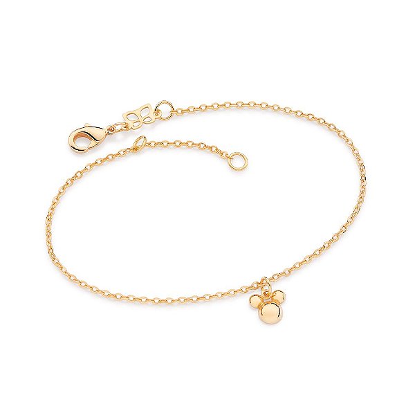 Pulseira Formada Por Corrente De Elo Cadeado Laminado Fio 0,35 Mm, Composta Por Pingente Mickey Formado Por Meias Esfera