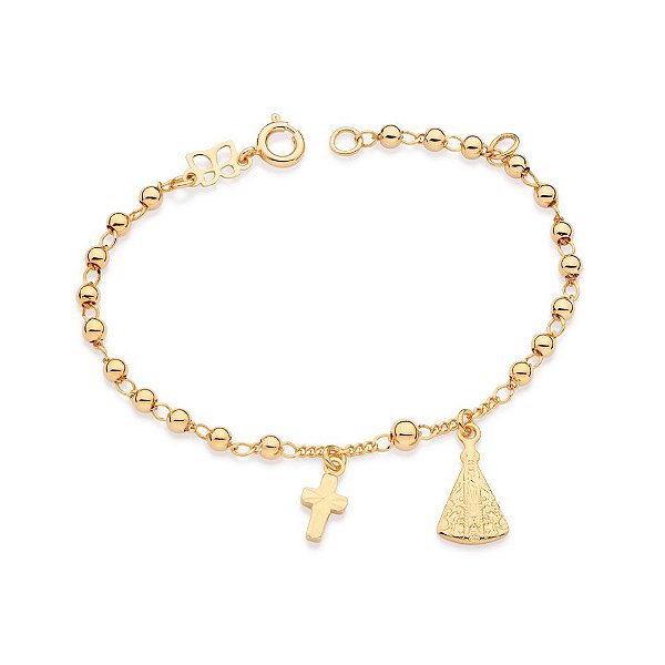 Pulseira Formada Por 20 Esferas De 3,00 Mm E 1 Esfera De 4,00, Composta Por Pingente Formato Cruz E Pingente De Nossa Se