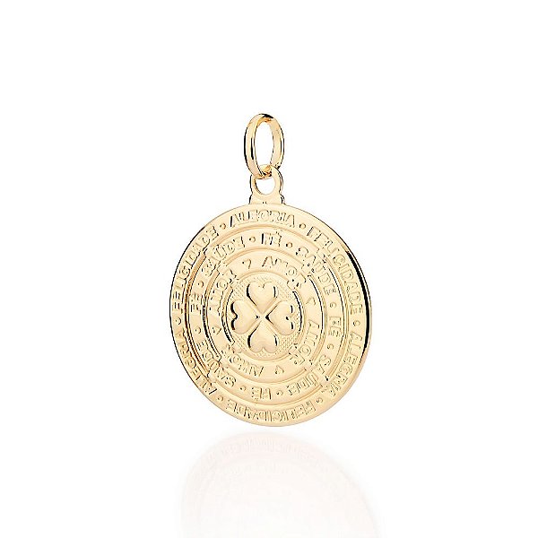 Pingente Medalha Abaulado Escrito Alegria, Felicidade, Saúde, Fé E Amor Intercalados Por Corações Composto Por 1 Trevo D