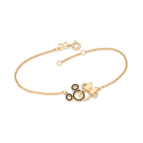 Pulseira Formada Por Corrente De Elo Cadeado Fio 0,40 Mm Composta Por Mickey E Minnie Entrelaçados Cravejados Por 80 Zir
