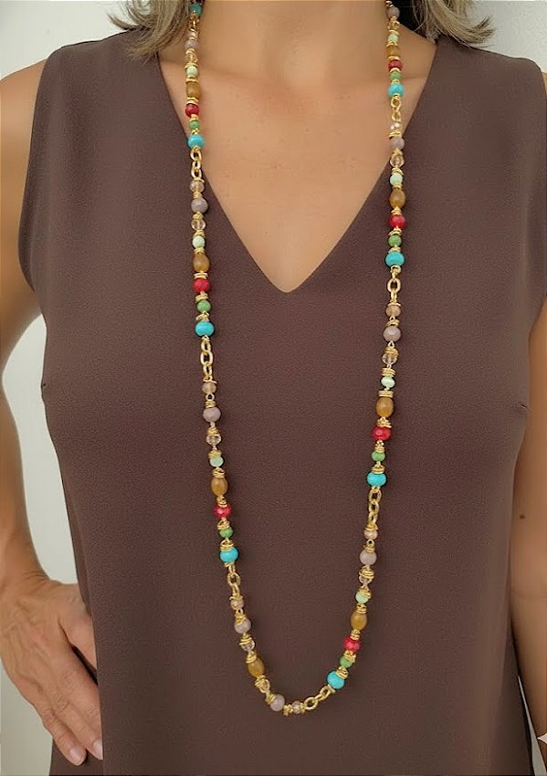 Colar longo em cristal colorido
