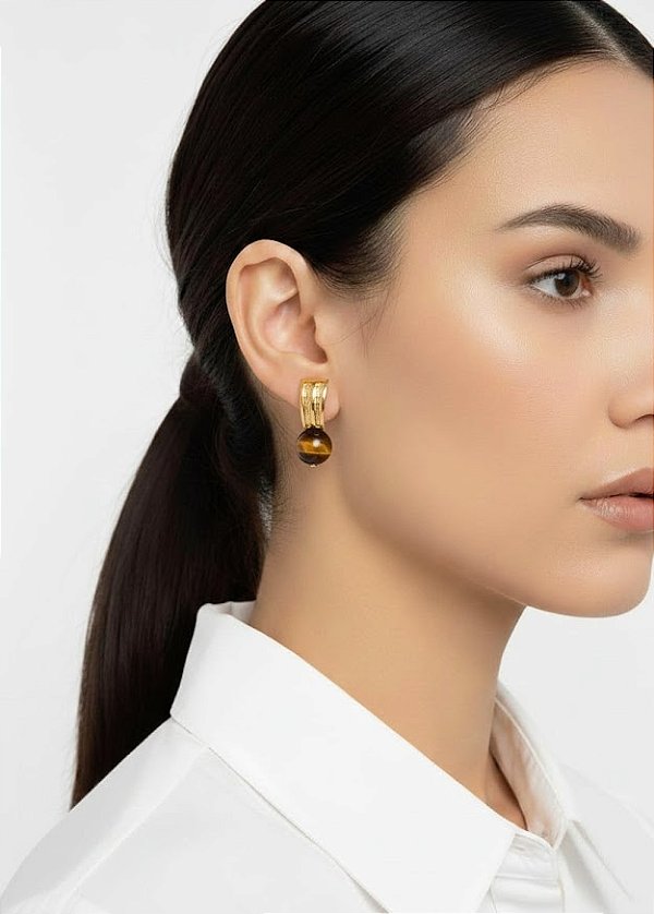 Brinco Banhado mais Esfera Olho de Tigre