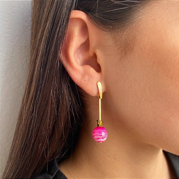 Brinco Longo mais Esferas em Ágata Rosa