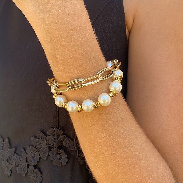 Pulseira Duo Banhada com Pérolas