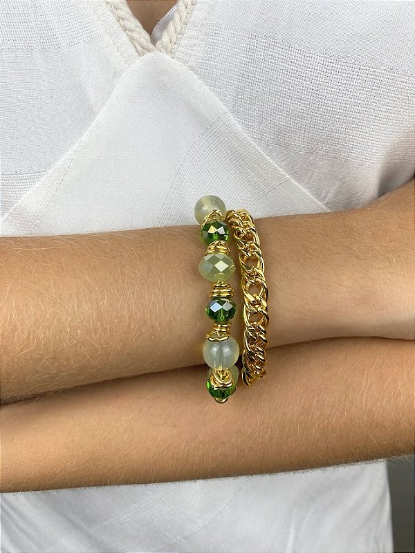 Pulseira Verde em Correntes e Cristais