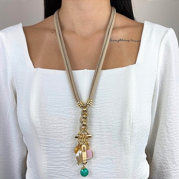 Colar Midi Nude com Pingentes e Cristais