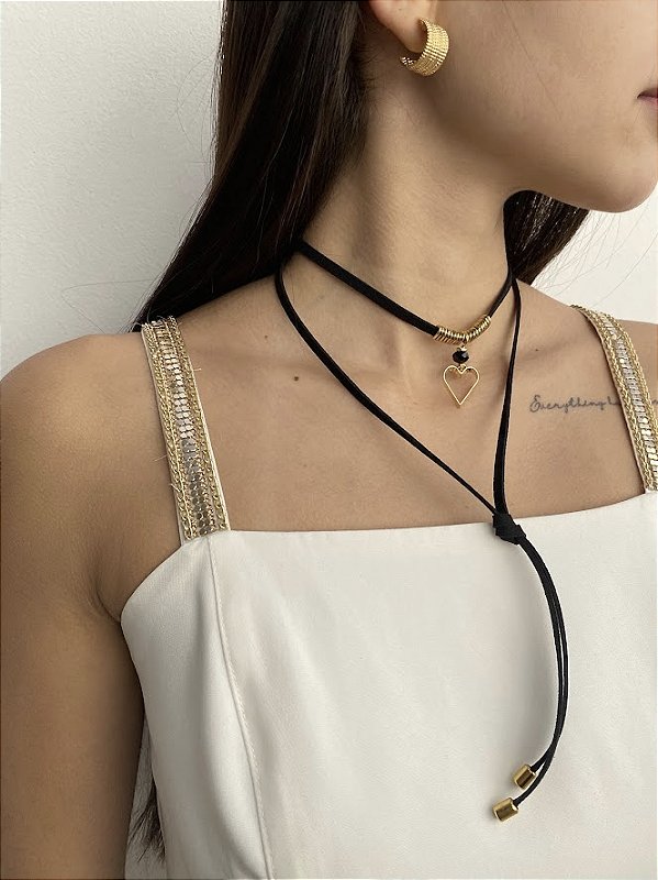 Choker Preta em Couro Camurça Regulável