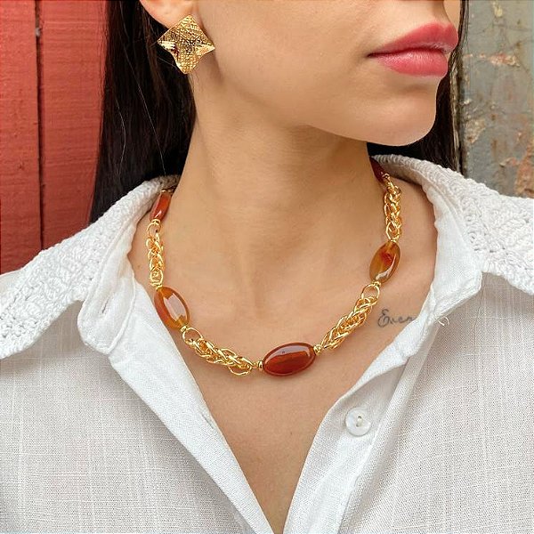 Colar Curto Banhado com Ágata de Fogo