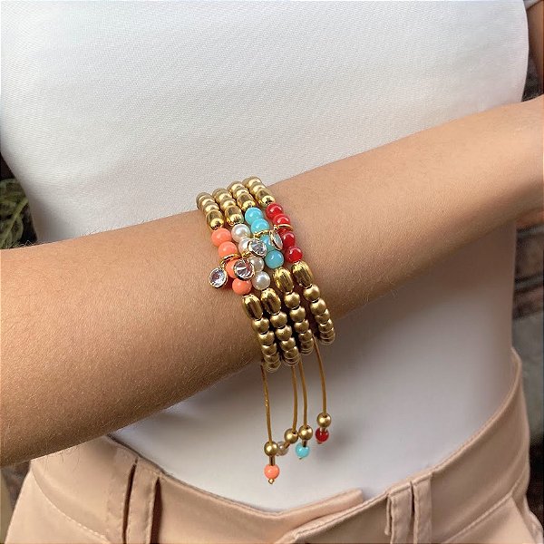 Mix de Pulseira Regulável com Pérola Metalizada e Resina