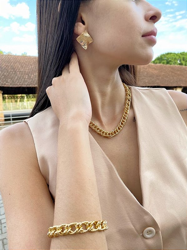 Conjunto Colar e Pulseira Elos Banhados