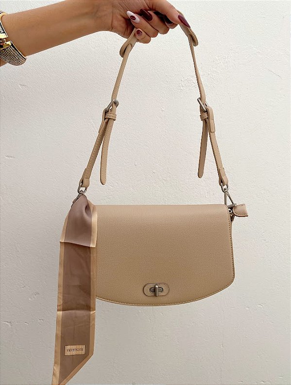 Bolsa Pequena Nude com Lenço Verde | 3 divisórias