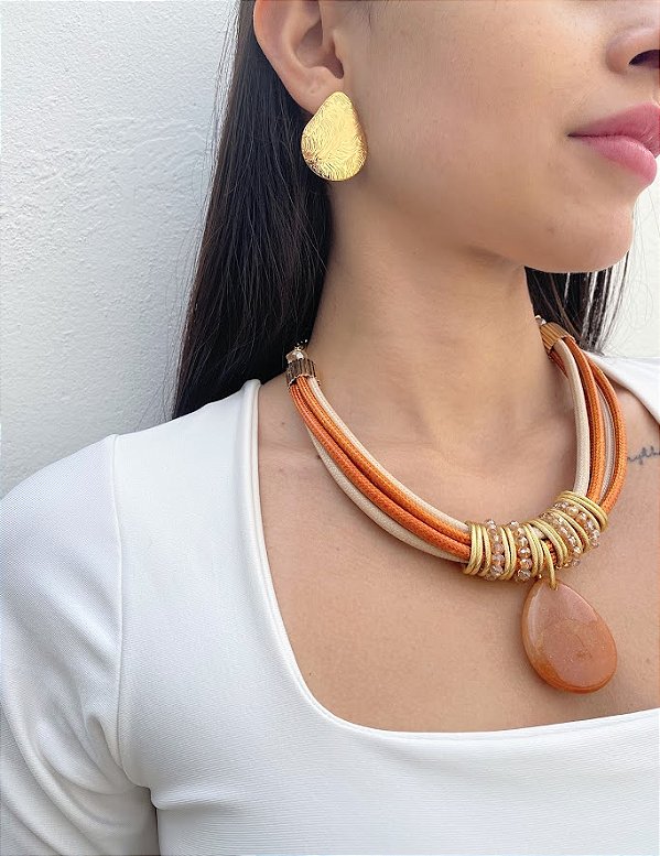 Maxi Colar Laranja com Gota em Aventurina