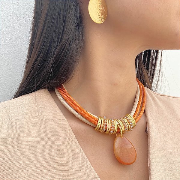 Maxi Colar Laranja com Gota em Aventurina