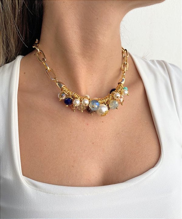 Colar Corrente com Cacho em Pérolas e Cristais