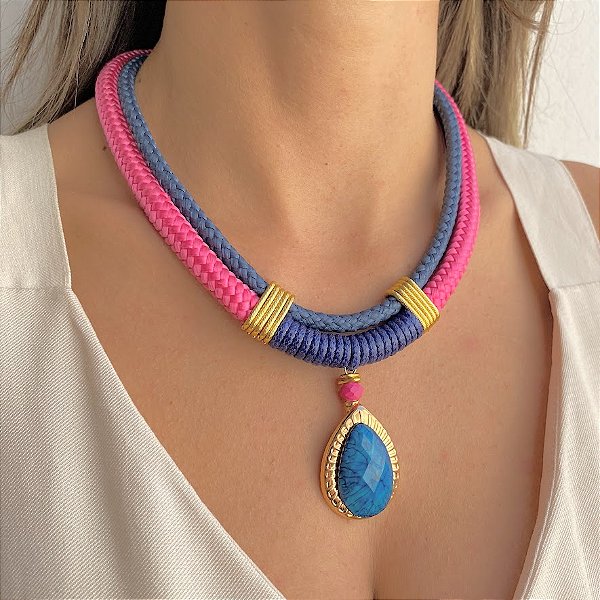 Maxi Colar Fio Corda Rosa e Azul