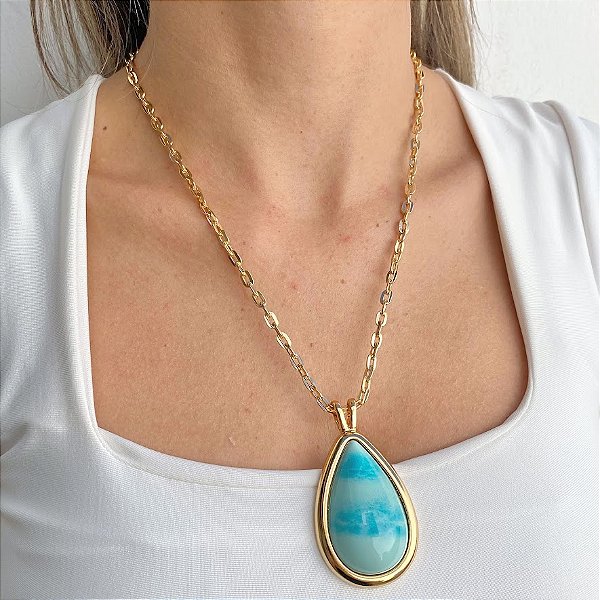 Colar Banhado com Gota Turquesa em Resina