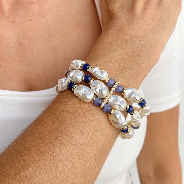 Maxi Pulseira com Pérolas tipo Boho e Olho de Gato