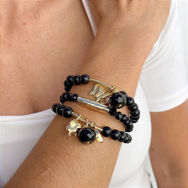 Pulseira Black Três Voltas em Resina e Cristais em Vidro