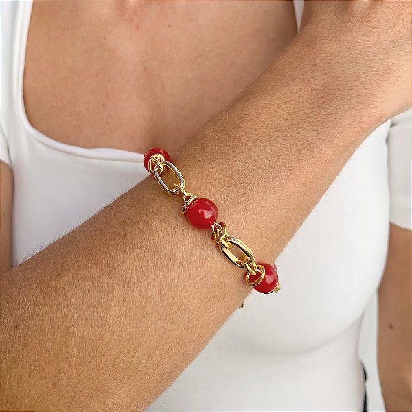 Pulseira Banhada com Esferas em Jade Rubi