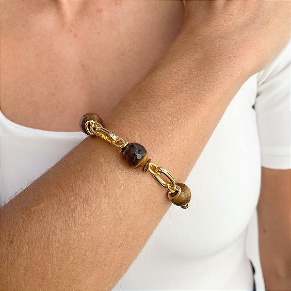 Pulseira Banhada com Esferas em Olho de Tigre