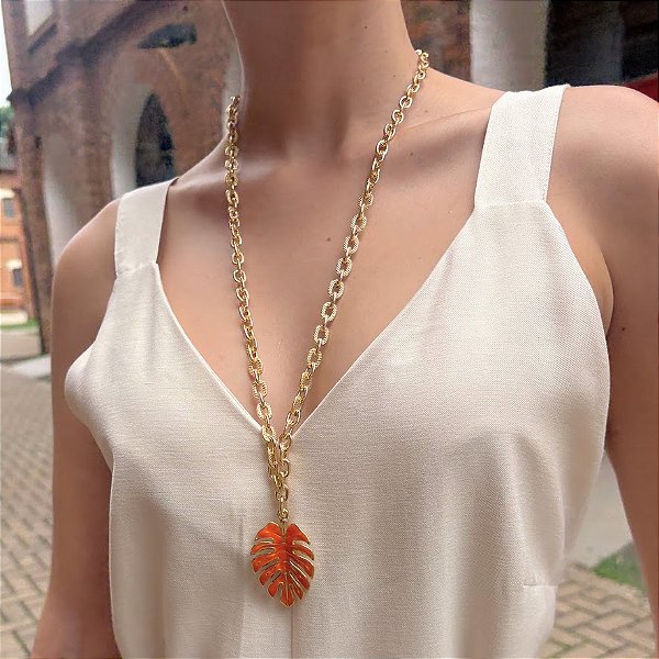 Colar Longo Banhado e Costela de Adão Laranja