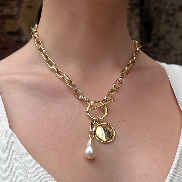 Colar Banhado Gratidão com Pérola estilo Boho