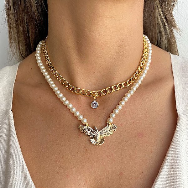 Colar Espírito Santo Duas Voltas em Pérolas e Correntes