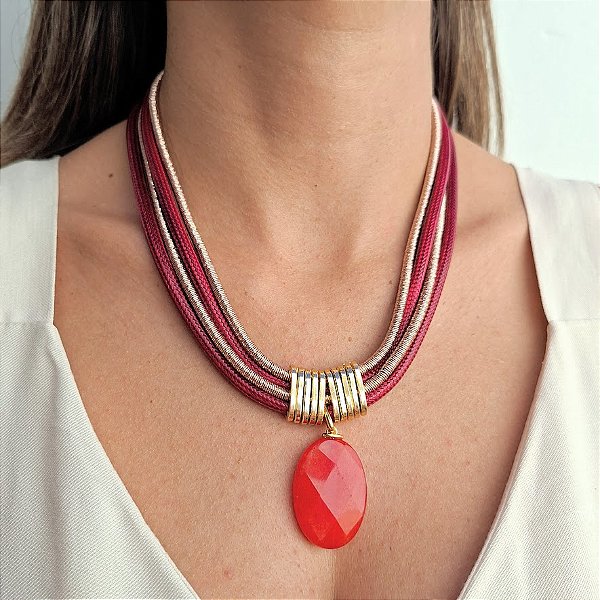Maxi Colar Marsala Com Jade Vermelha
