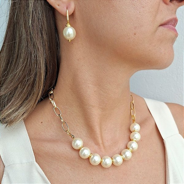Conjunto Colar e Brinco Banhado em Pérolas