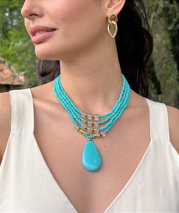 Maxi Colar Turquesa com Miçangas e Gota em Howlita Azul