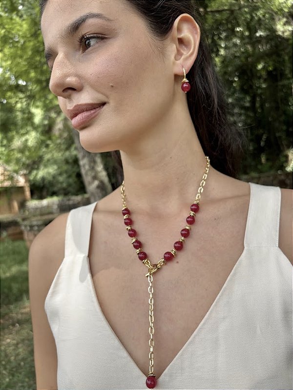 Conjunto Colar e Brinco em Jade Rubi