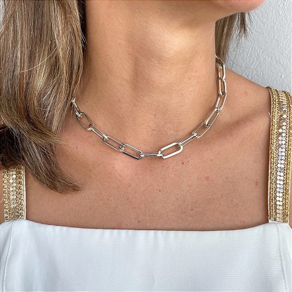 Colar Elo em Correntes Prateadas