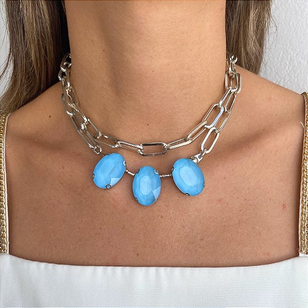 Colar Curto Duas Voltas Prateado com Cristais