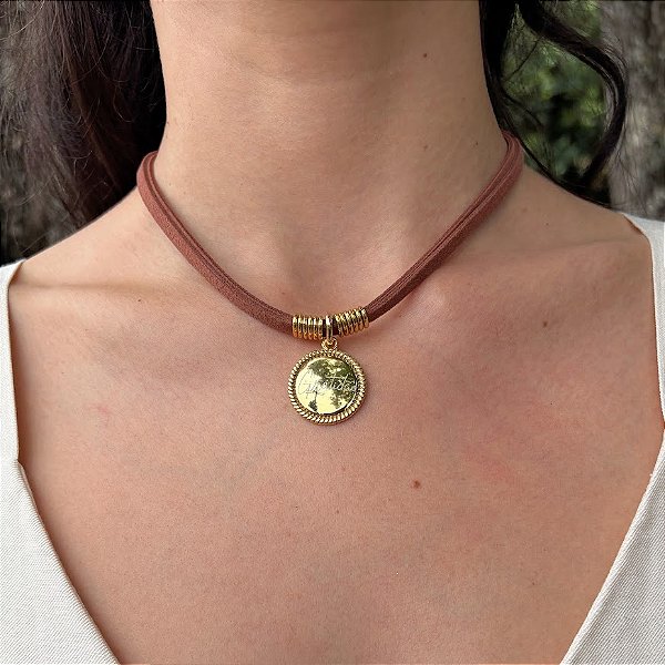 Colar Curto Gratidão em Camurça Marrom