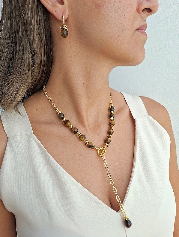 Conjunto Colar e Brinco em Olho de Tigre