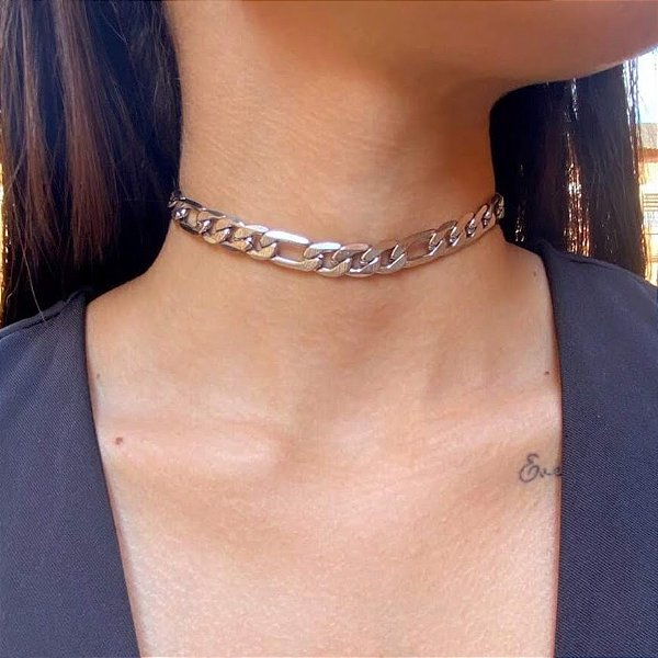 Choker Correntes em Aço Inox na Cor Prata